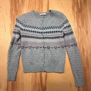 WoolOvers Lambswool Fair Isle Cardigan‎ Women's XS Gray Heart Pattern